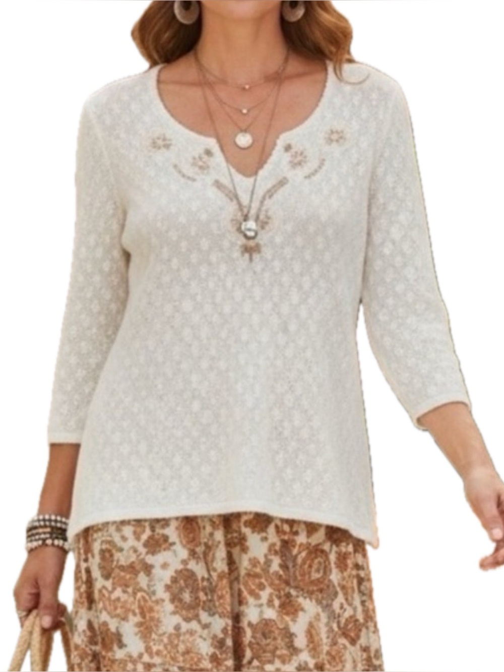Prana Winnie Embroidered Lace V Neck Top in White